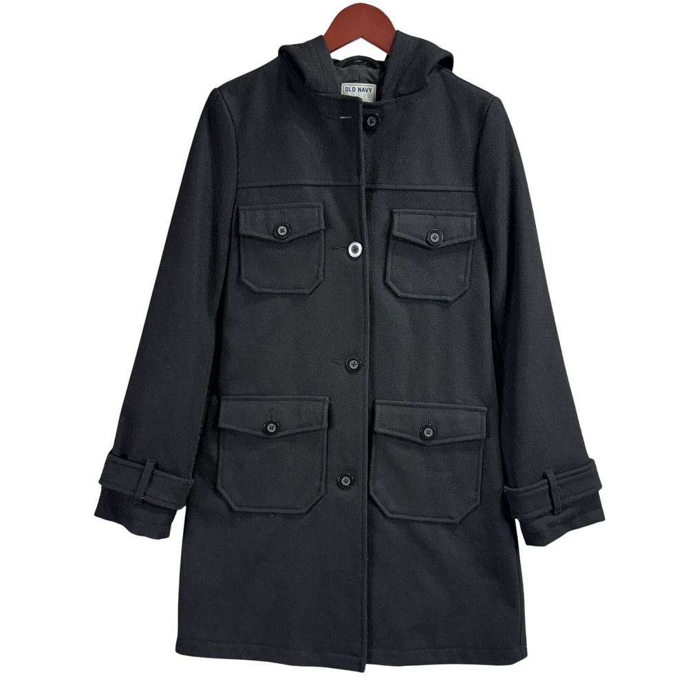 Vintage Wool Blend Pea Coat Black Hood Button Up Old Navy Womens Small Y2K‎